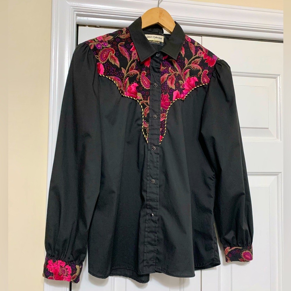 Karman Western Vintage Kenny Roger’s Shirt Black Floral - Womens 15/16 - L